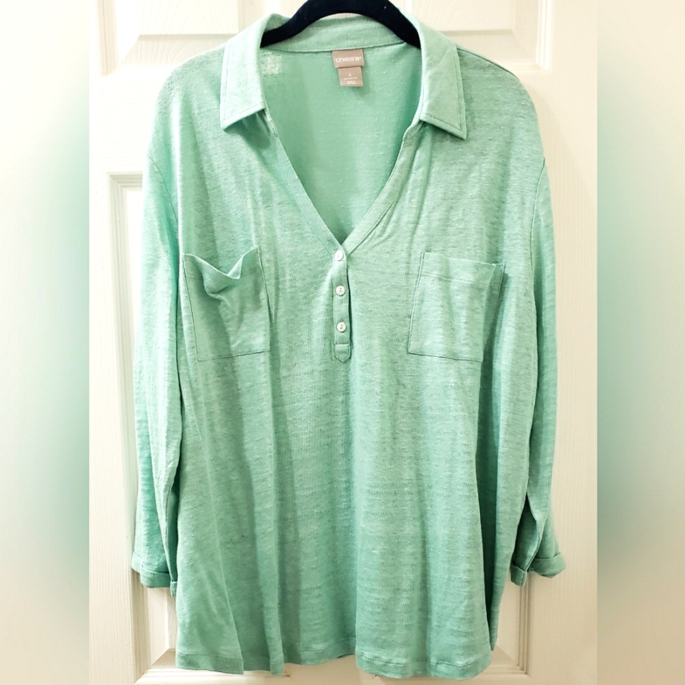 CHICOS Linen Utility Tee Chicos Size 4 Seaglass green. NWOT